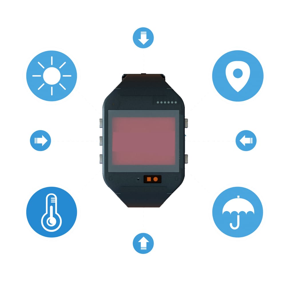 a smart watch with various icons surrounding it.