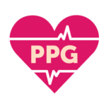 a pink heart with the words ppg on it.