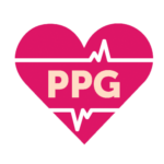 un corazón rosa con las palabras ppg en él.