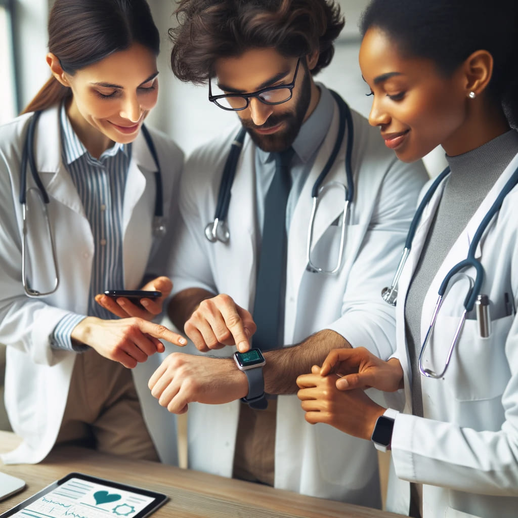 Drei Ärzte analysieren die Gesundheitsdaten auf einer iSmarch X5 Smartwatch, die einer von ihnen trägt
