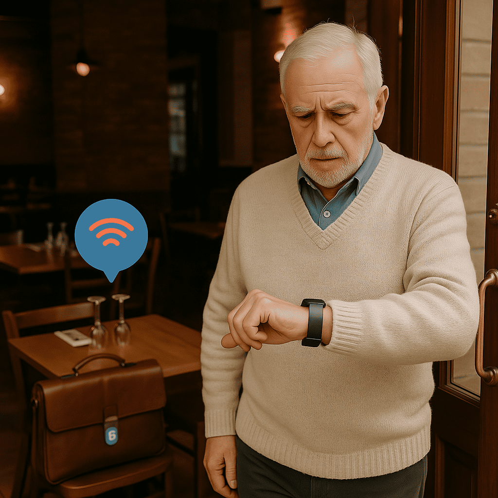 An elderly man in a cozy restaurant wearing a smartwatch stands near the door