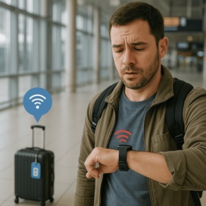 a man in airport wearing a smartwatch