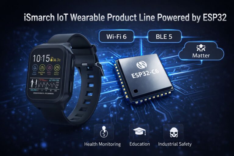 iSmarch IoT wearable product line powered by ESP32 platform including smartwatches for health monitoring, education and industrial safety
